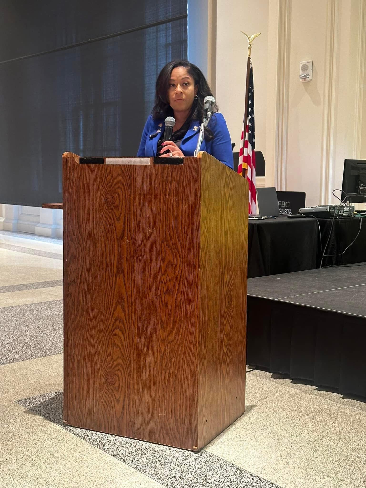 Angela Sorapuru-Lopez speaking at FBC Augusta