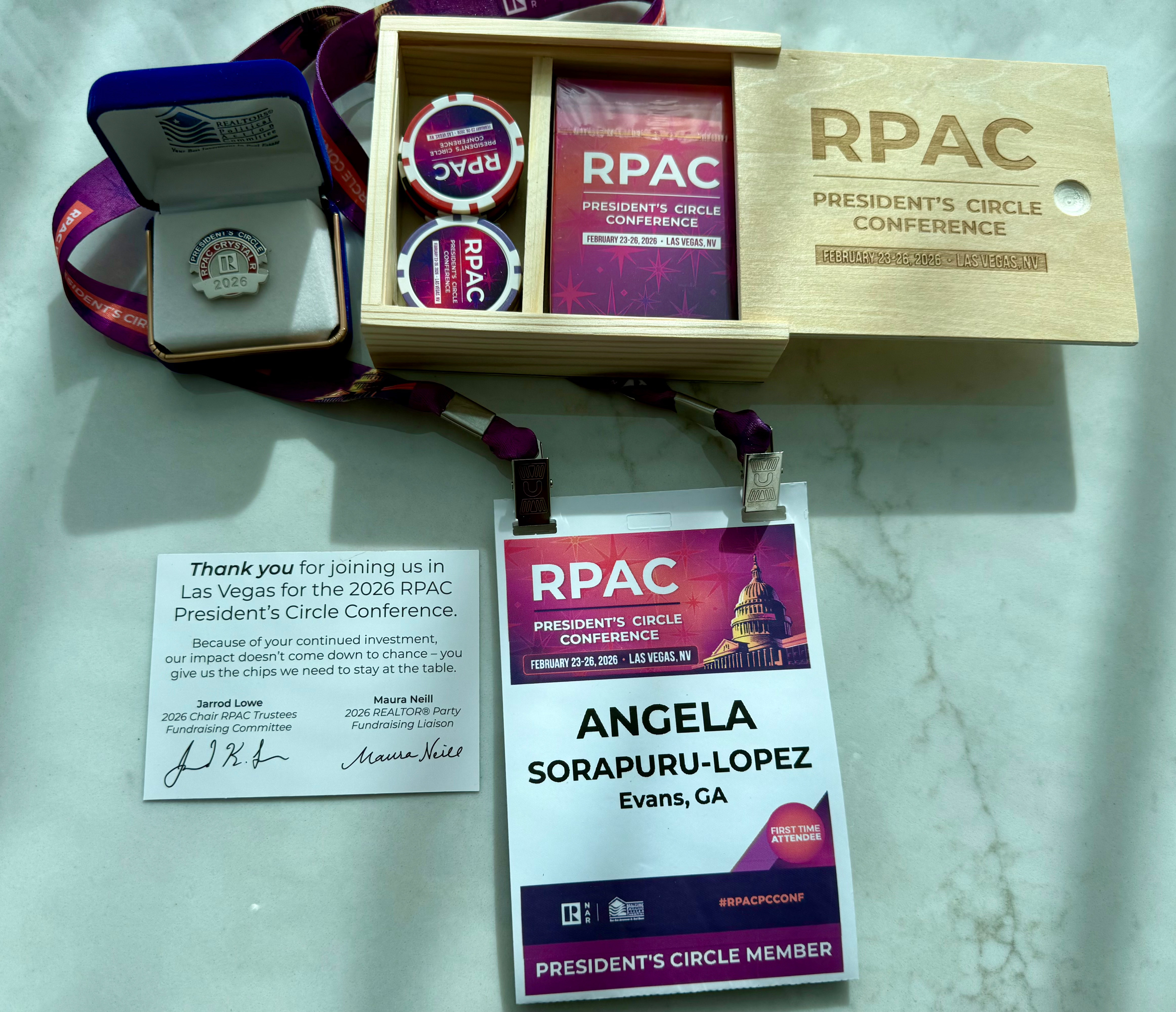 Angela's RPAC President's Circle conference badge, Las Vegas 2026